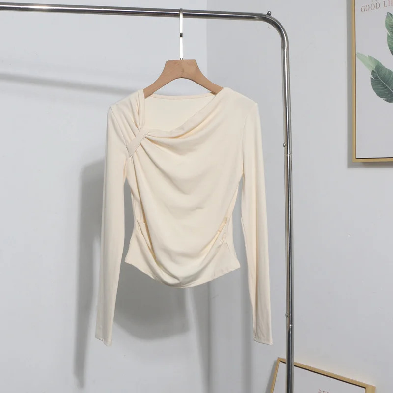 Uveng Side Bow Tie Design Folded Long-Sleeved T-Shirt Slim Thin Autumn Dress T-Shirt Short Top 1662