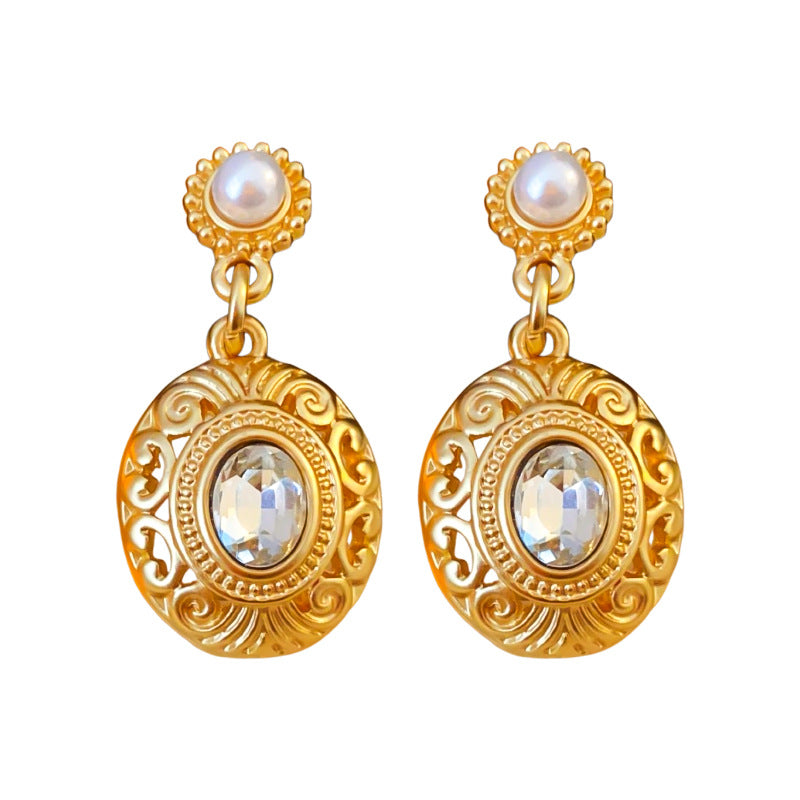 Luxurious Round Ellipse Geometric Flower Artificial Pearl Diamond Inlay Earrings