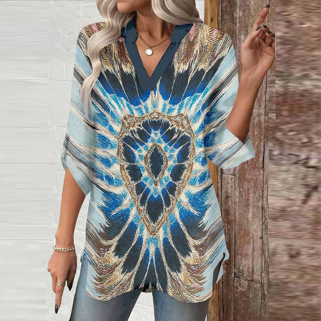 Women Ethnic, Bohemian, Blue, Brown DZGA0483 3/4 Sleeve V-neck Printed Graphic Button Tops