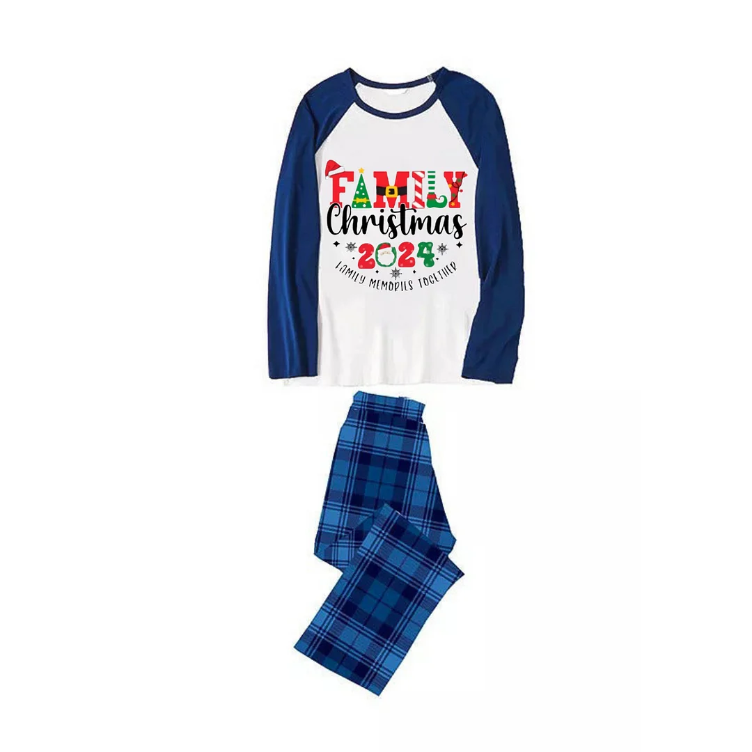 "Family Christmas 2024" Print Blue & Black Plaid Family Matching Pajamas