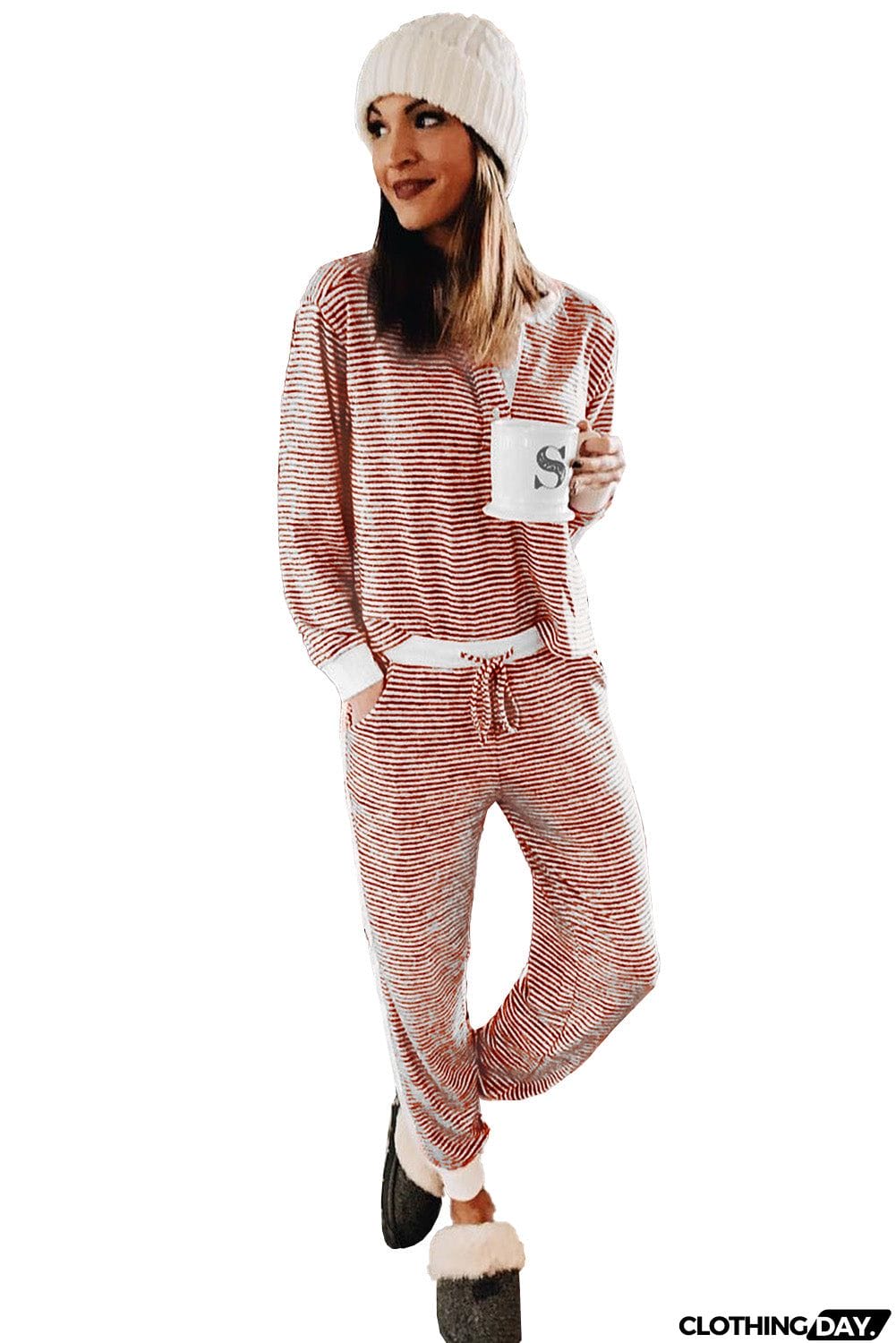 Split Neck Striped Button Christmas Lounge Set with Contrast Trim