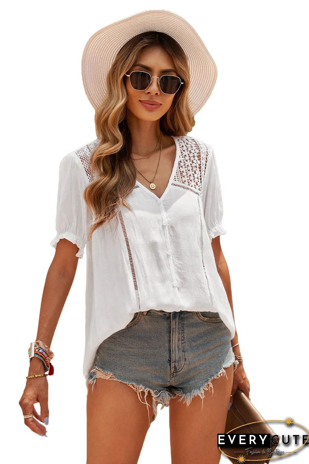 White V Neck Lace Crochet Short Sleeve Shirt