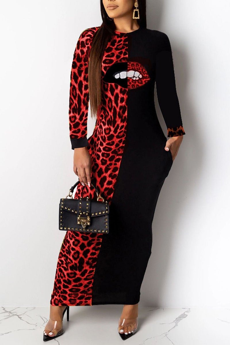 MusePointer Casual Print Leopard Split Joint O Neck One Step Skirt Dresses MusePointer