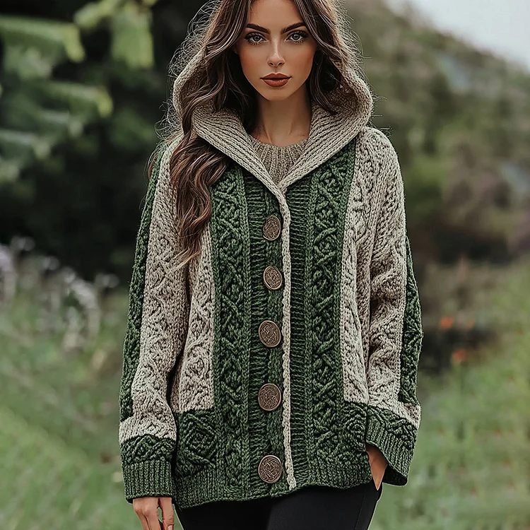 VChics Women's Irish Celtic Knotted Hooded Button Up Cardigan Sweater