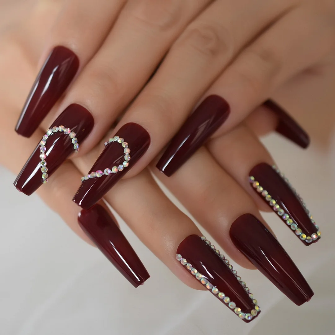 Extra Long Red Wine Coffin Fake Nails Acrylic False Luxury Press On Nails With Rhinestone Heart Bling Artificial Nail Art Tips-Nail Inspo