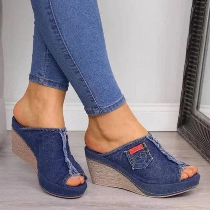 New Brand Hot Women's High Heels Fashion Denim Slippers Women Wedge Heel Toe Platform Shoes Large Size 35-43 Zapatos De Mujer