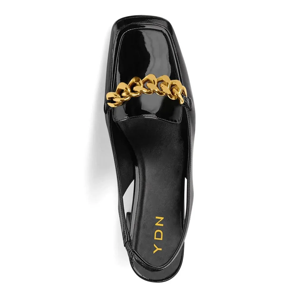 YDN Black Sqaure Toe Loafer Style Block Heel Pumps with Chain