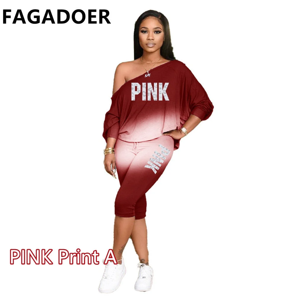 FAGADOER Gradient Off Shoulder Two Piece Set Women PINK Letter Print Top + Pants Tracksuits Female Jogger Sport 2pcs Outfits 4XL