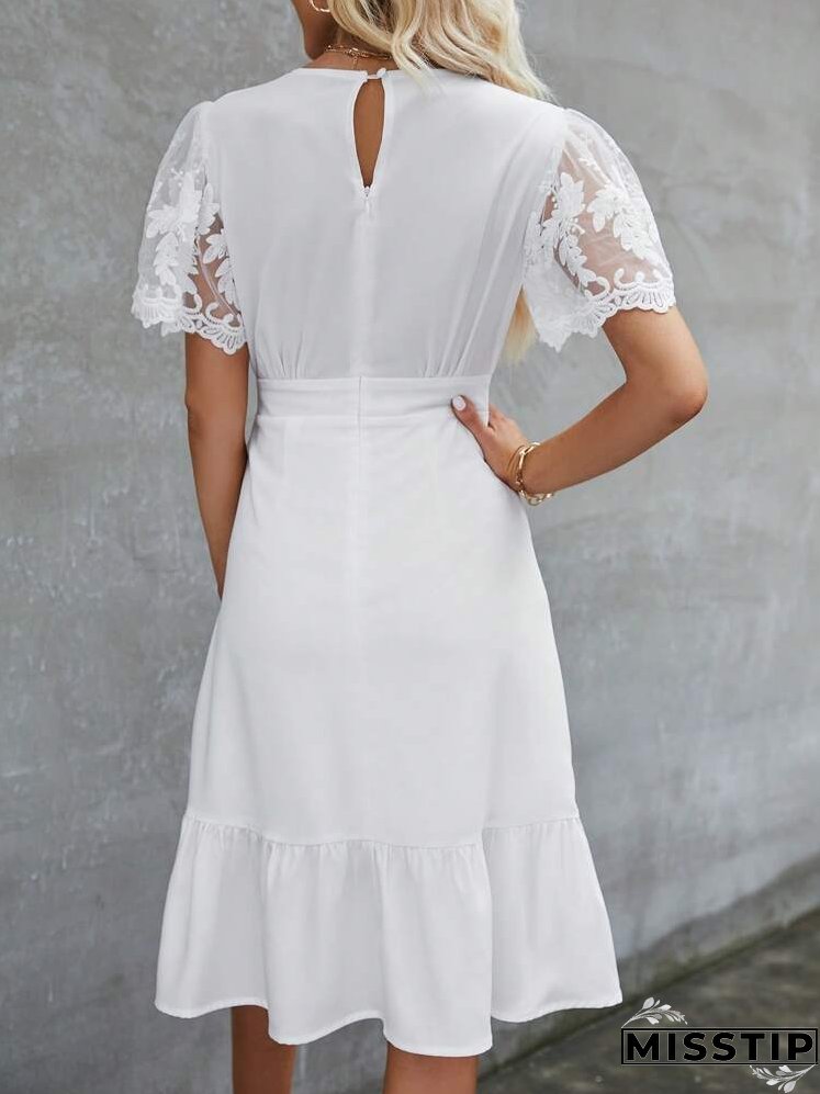 Contrast Lace Ruffle Hem Belted Dress