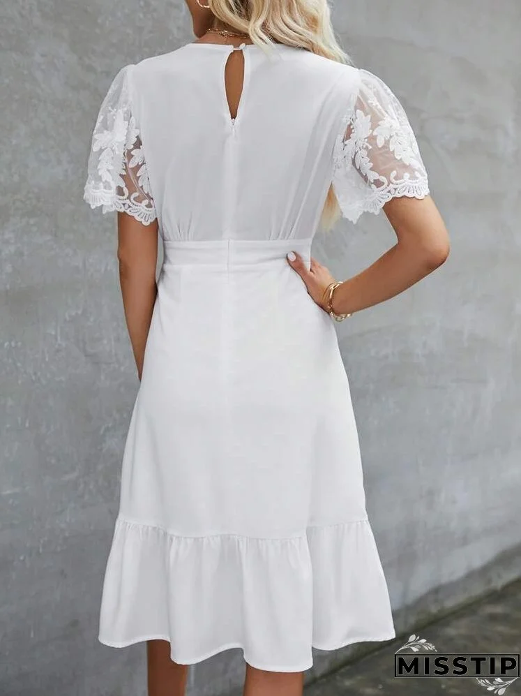 Contrast Lace Ruffle Hem Belted Dress