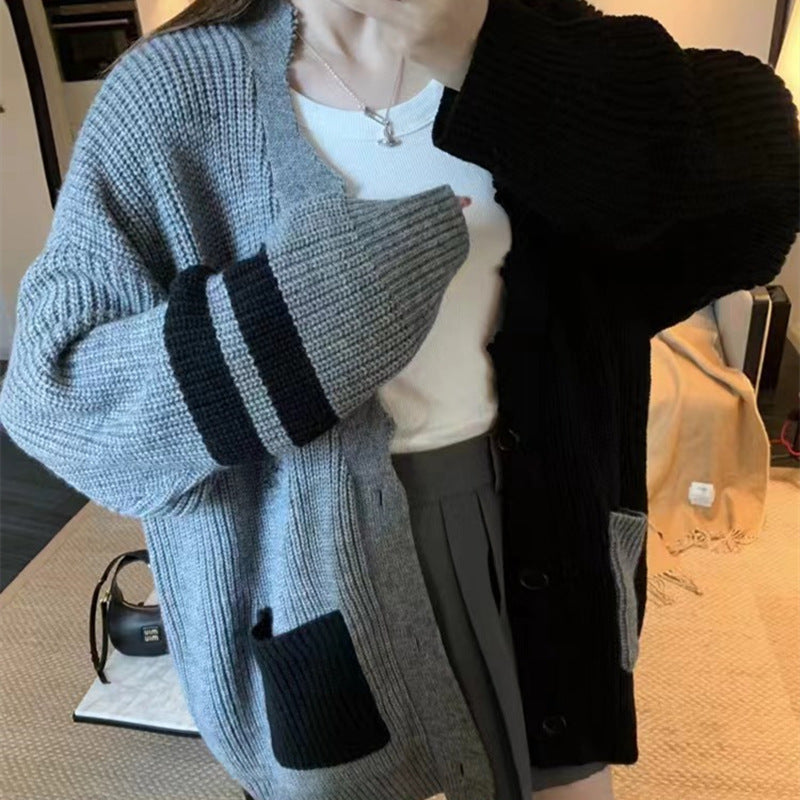 Aiertu cold weather outfits Contrast Color Stitching Knitted Cardigan 2024 Autumn and Winter Korean Style Large Loose Lazy Style Sweater Coat aiertu