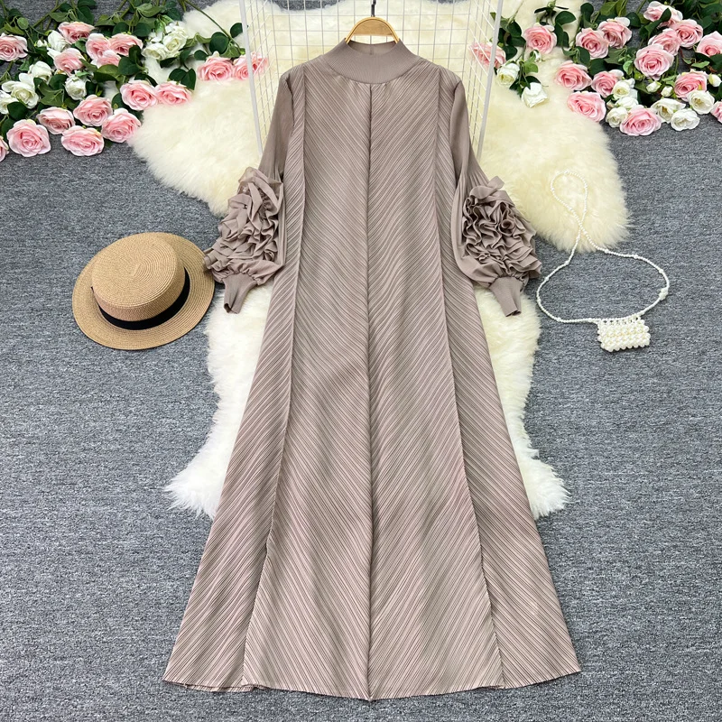 Zingj Zingj Sense Of Socialite Temperament Three House Pleated Lantern Long Sleeve Collar Loose A Line Solid Color Dress Elegant Dress