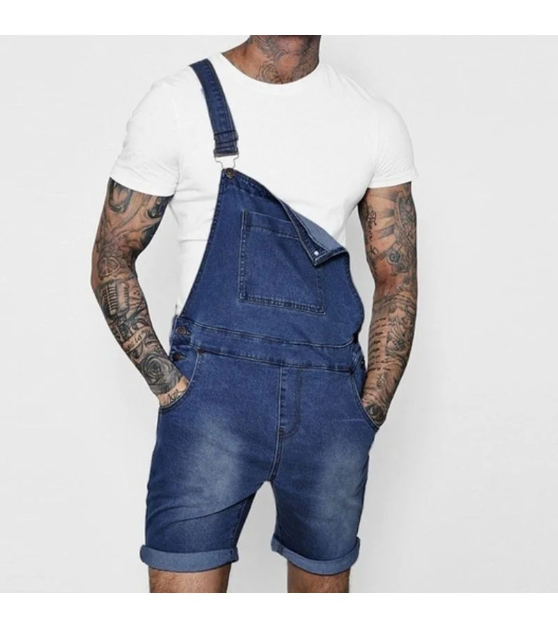 Men Metal Button Pocket Patchwork Denim Rompers S-2XL