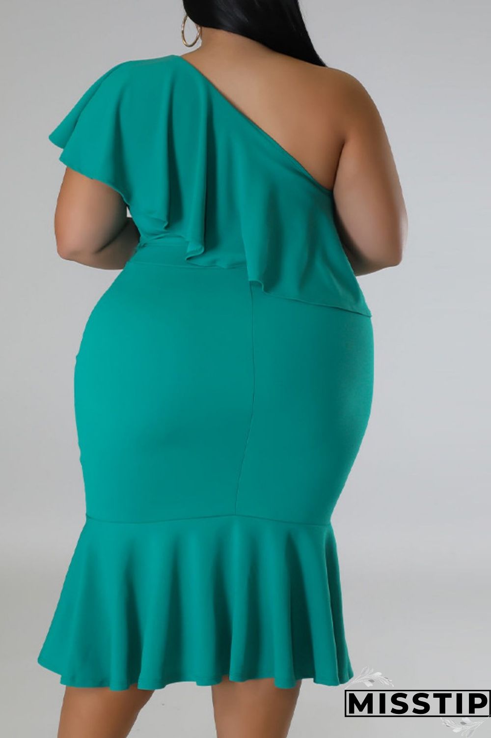 Green Casual Solid Patchwork Backless Oblique Collar Plus Size Dresses