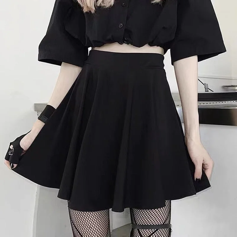 HOUZHOU Gothic Mini Skirts Women Black High Waisted A-line Skirt Shorts Dark Academia Summer Goth Harajuku Streetwear E Girl