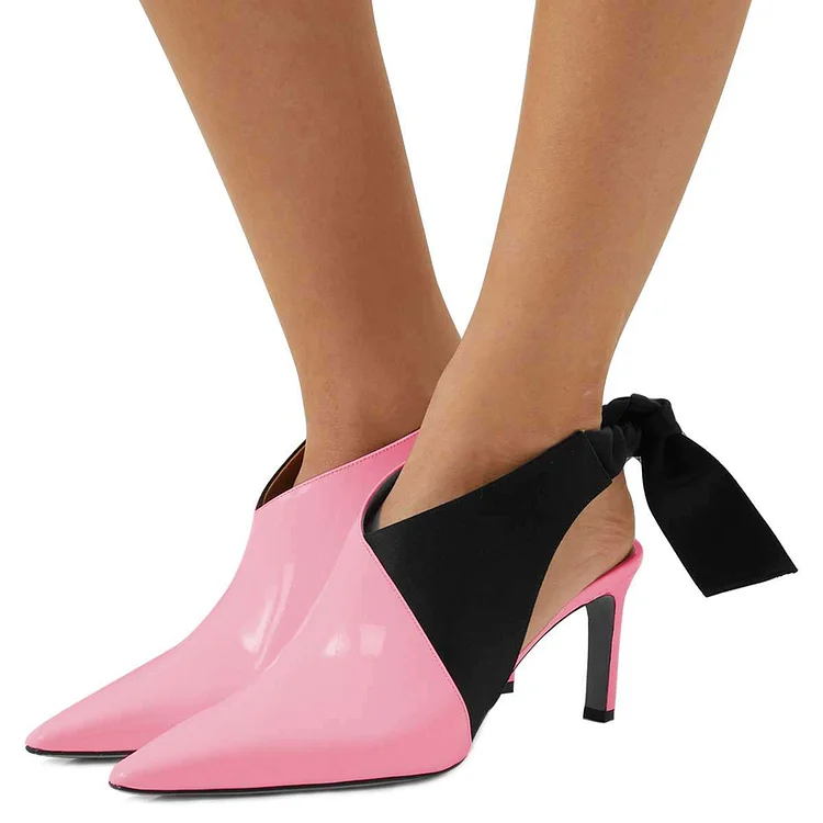 Pink and Black Chunky Heels Pointy Toe Bow Slingback Pumps |FSJ Shoes