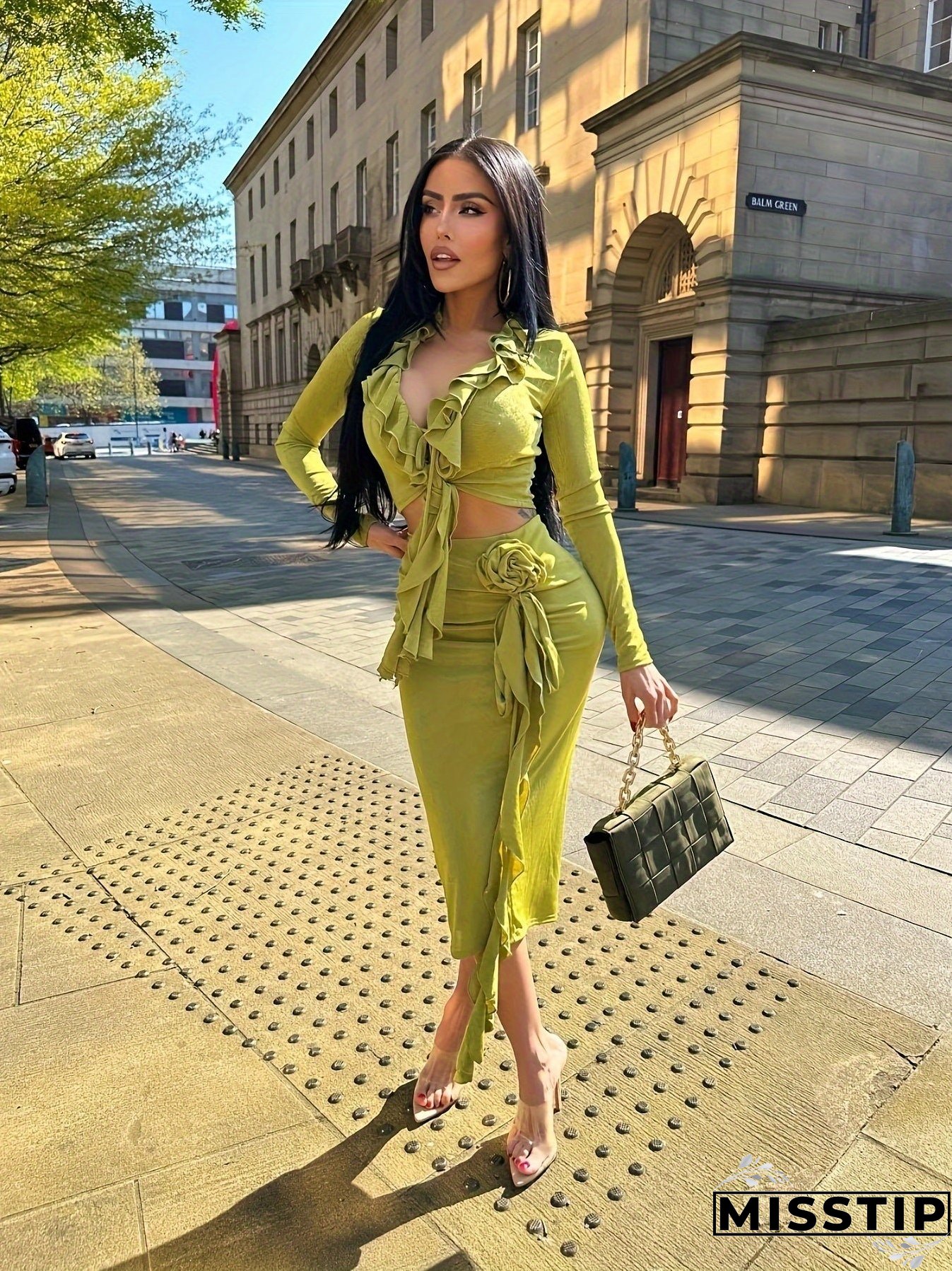 Sexy Ruffle Trim Slim Skirt Set, Long Sleeve Crop Top & Velvet Bodycon Skirt Outfits, Women's Clothing