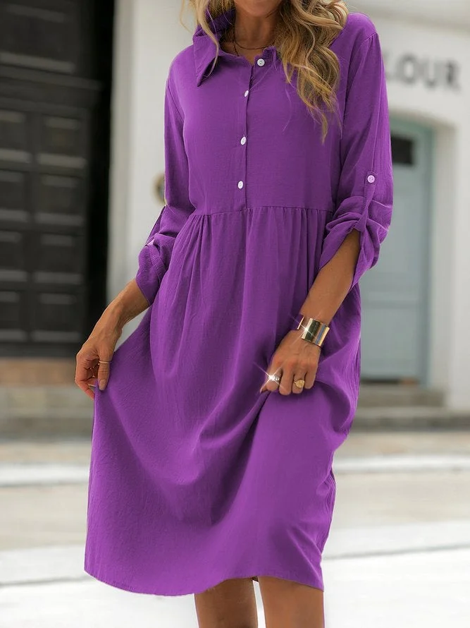 Shirt Collar Shift Long Sleeve Cotton-Blend Dresses Linen