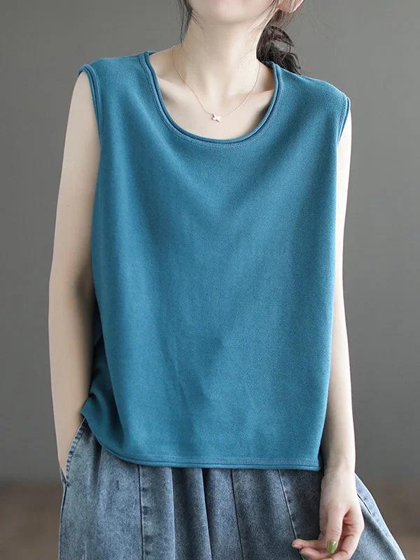 Loose Sleeveless Solid Color Round-Neck Knitting Vest Top