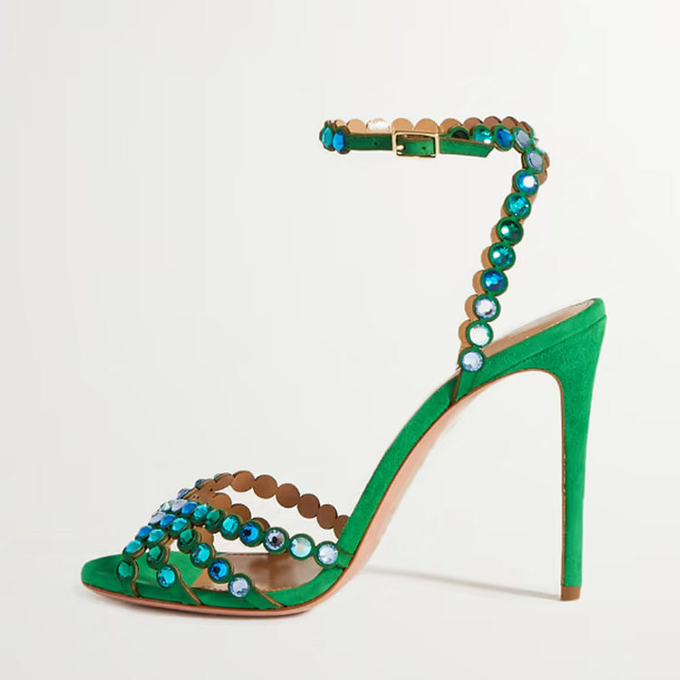 Green Open Toe Suede Shoes Wedding Stiletto Heels Rhinestones Sandals |FSJ Shoes