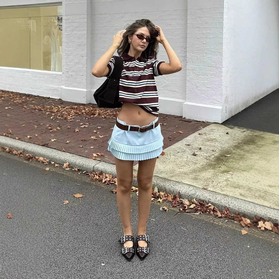 Nigikala Nigikala Retro Sexy Hottie Style Striped Short-Sleeved Polo Collar T-Shirt