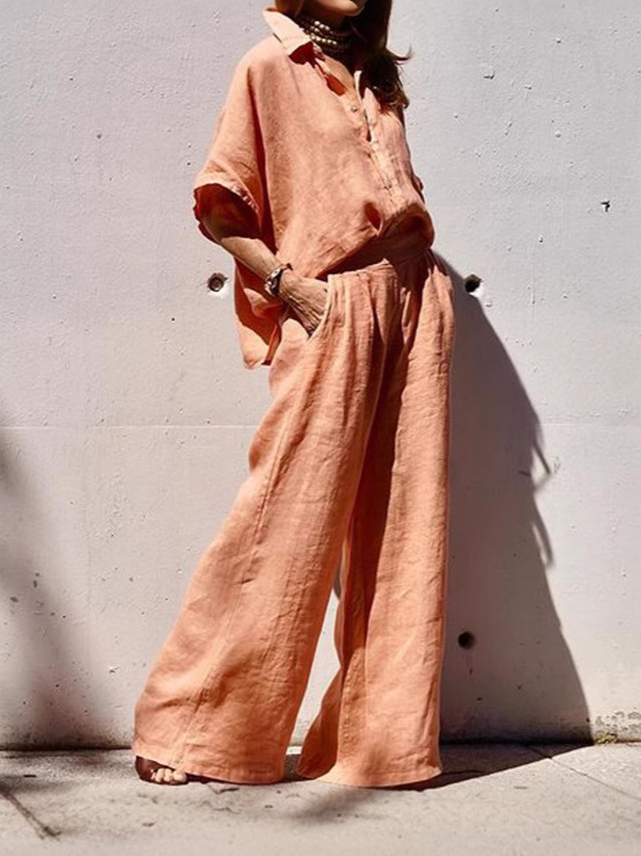 Short Sleeved Shirt And Wide Leg Pants Cotton Linen Two-Piece Set