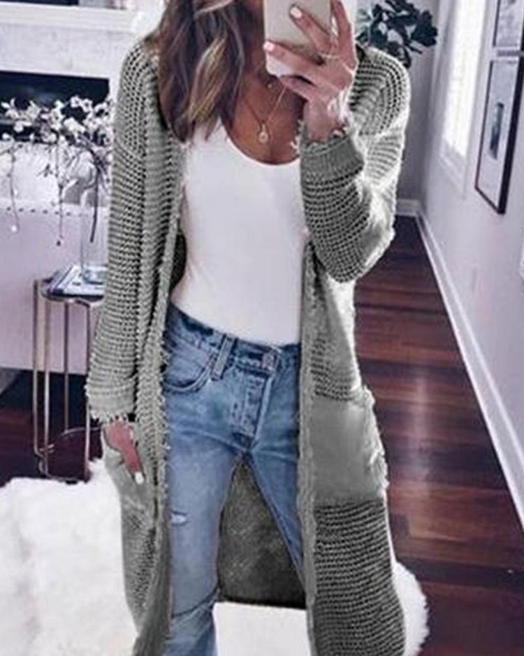 Long Sleeve Solid Color Cardigan Casual Knit Sweater Jacket