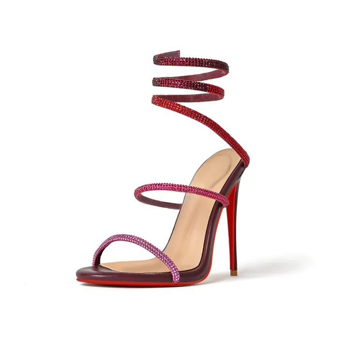 120mm Women's Spiral Strappy Red Bottom Sandals Rhinestone Heels Pull-on Sexy Stilettos-vocosishoes