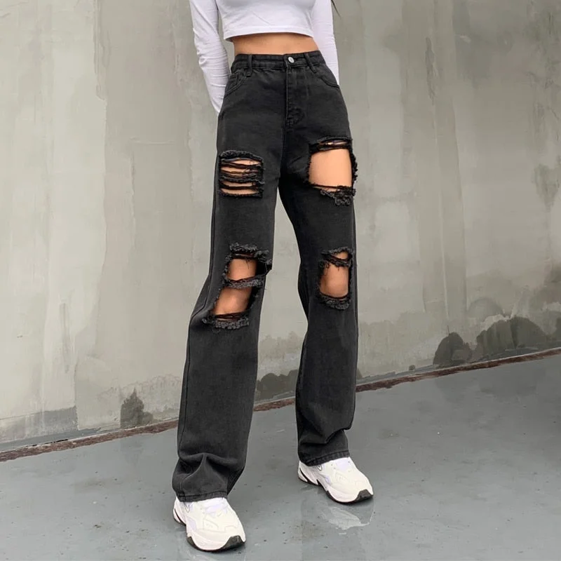 HEYounGIRL Hole Ripped Black Woman Distressed Jeans Casual Hip Hop High Waist Pants Capris Pocket Straight Denim Trousers Ladies