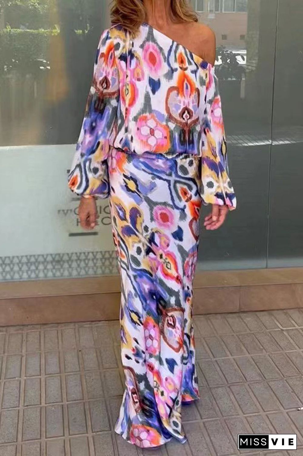 Sexy Floral Asymmetrical Oblique Collar Long Sleeve Two Pieces