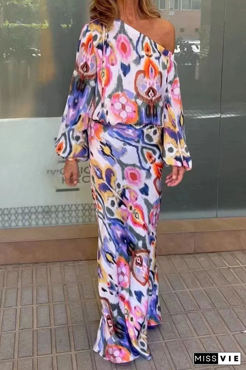 Sexy Floral Asymmetrical Oblique Collar Long Sleeve Two Pieces