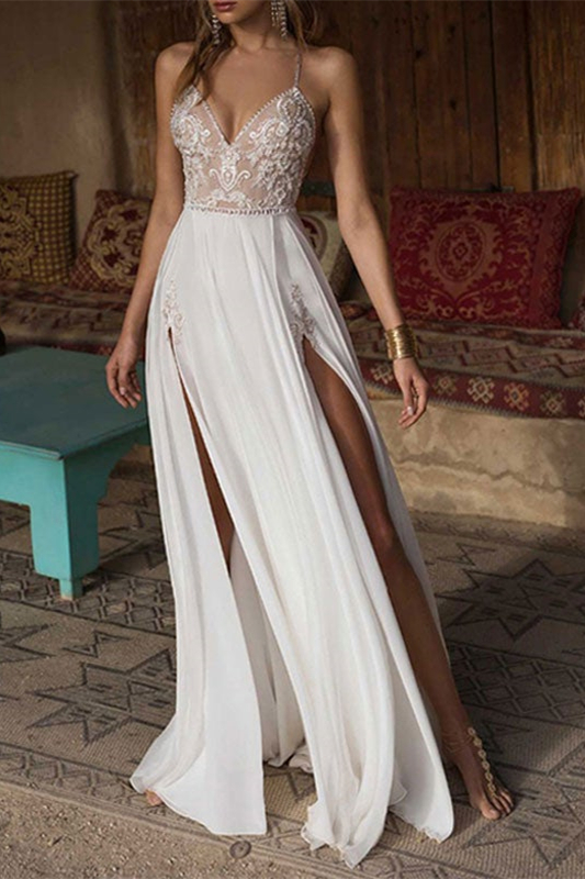 Oknass Spaghetti-Straps Split Chiffon Lace Wedding Dress