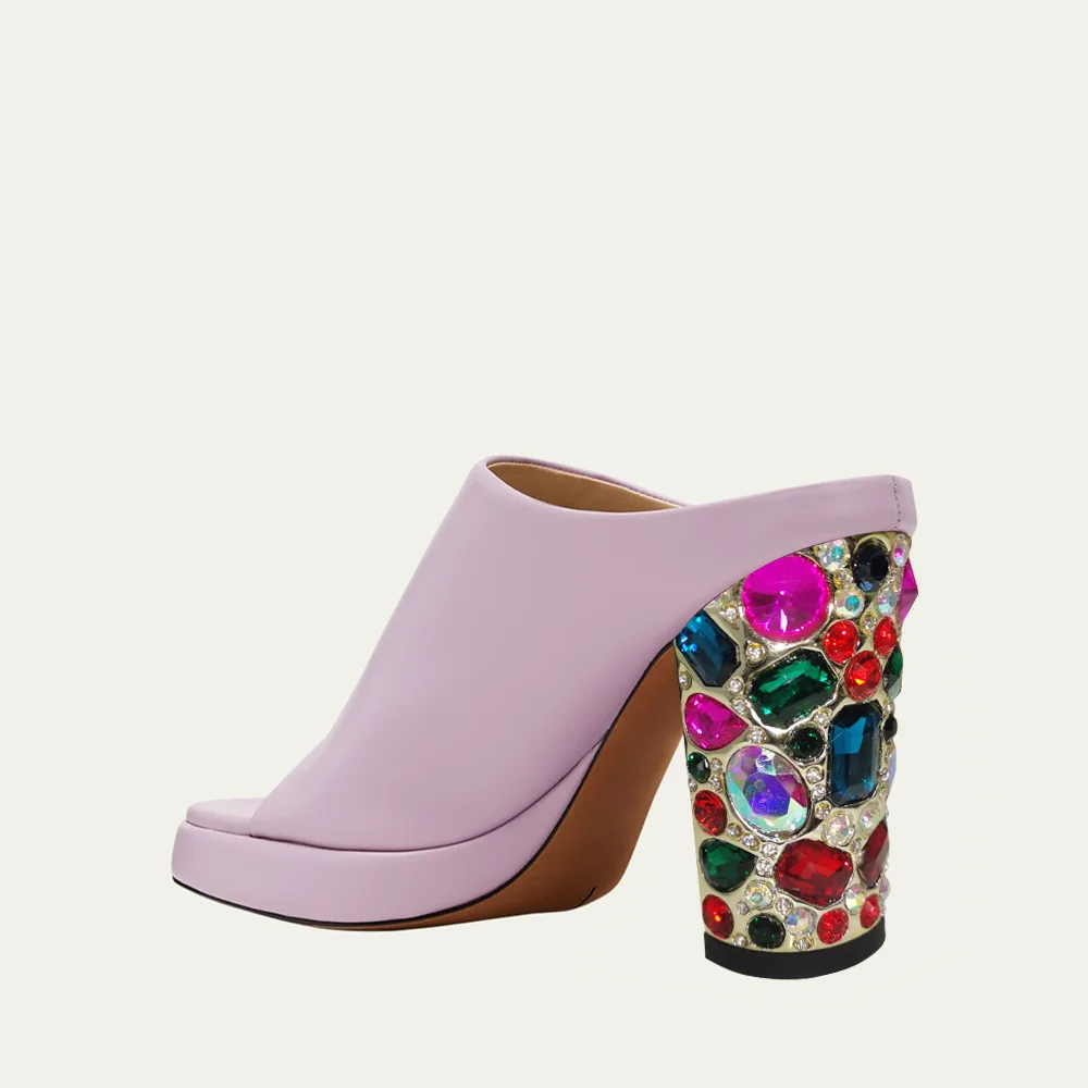 Purple Leather Opened Round Toe Platform Mules With Decorative Gold Heels Nicepairs