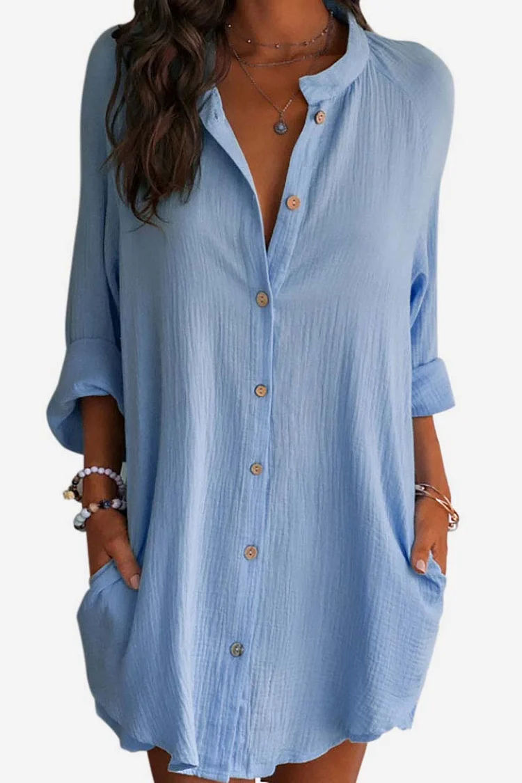 Linen Loose Fit V Neck Button Up Long Sleeve Casual Blouse