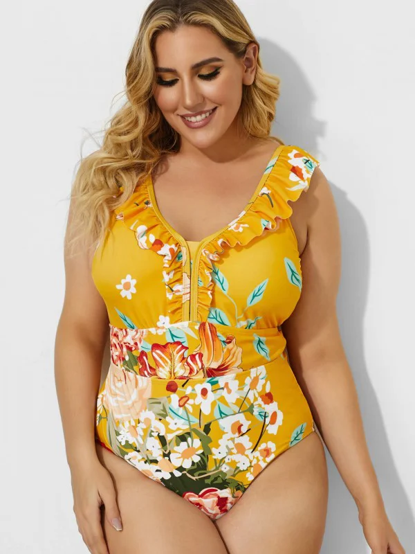 Beach Floral Printed Ruffled Plus Size One-Piece Swimwear