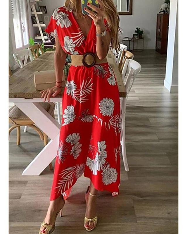 Women's A-Line Dress Maxi Long Dress - Short Sleeve Print Floral Spring Summer V Neck Hot Beach Belt Not Included Red Yellow
