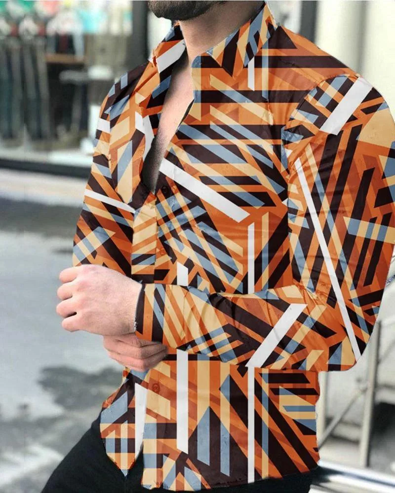 Printed lapel casual long-sleeved shirt