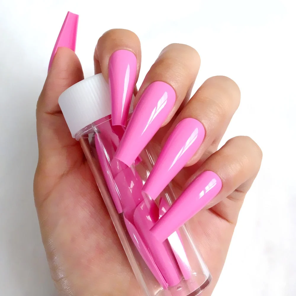 24Pcs Super Long Ballerina Coffin False Nails Glossy Light Pink Artificial Press On Nails Full Cover Fingernails Manicure Tool-Nail Inspo