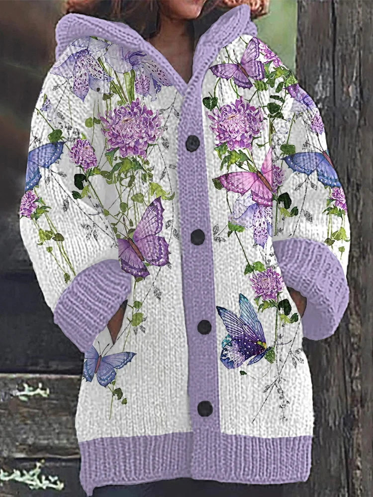 VChics Purple Floral Butterfly Pattern Cozy Knit Hooded Cardigan