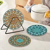 4PCS Wooden Diamond Painted Placemats Tableware Mat with Holder (Datura)