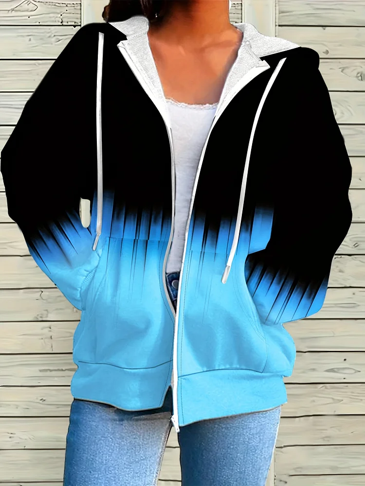 Color Block Pocket Hoodie, Casual Zip Up Long Sleeve Drawstring Hooded Jacket, Women's Clothing