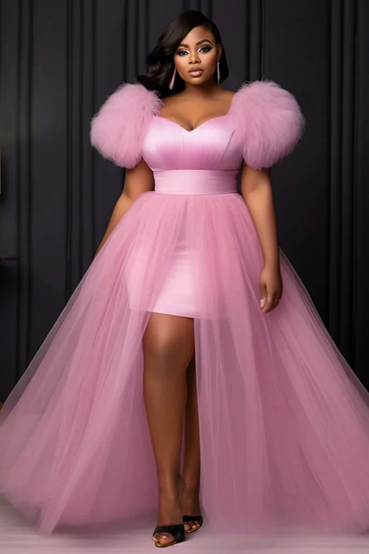 Xpluswear Design Plus Size Cocktail Party Pink Peplum Split Tulle Mini Dresses 2024 - Xpluswear
