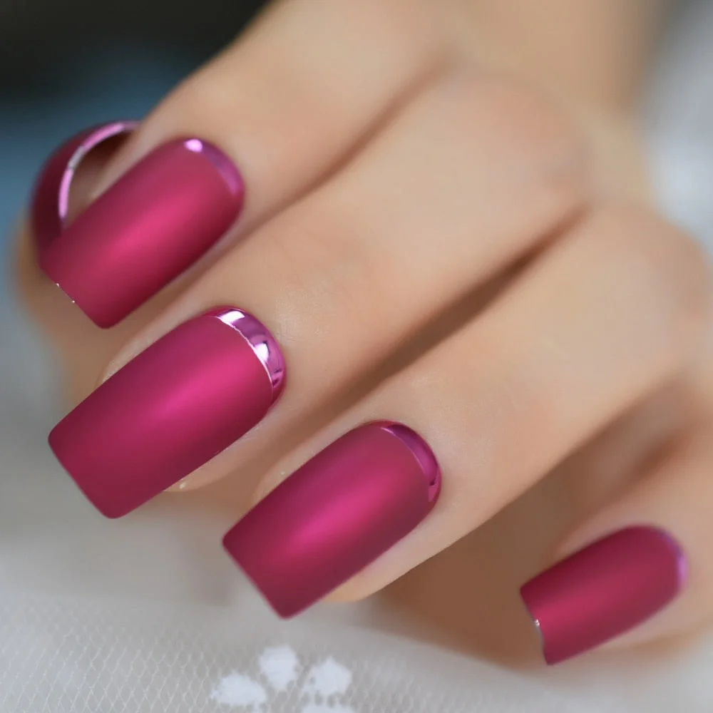 Slim Square Fake Nails Matte Rose Red with Metallic Moo Medium Size Frosted Artificial Acrylic Nail Art Tips with Glue sticker-Nail Inspo