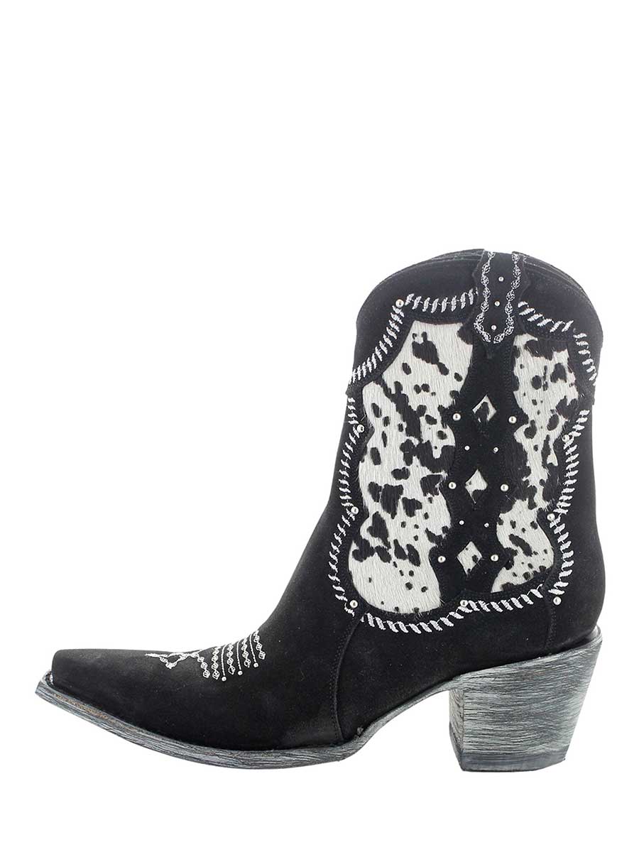 Black Faux Suede White Patch-Work Side-Zip Block Heel Cowgirl Booties