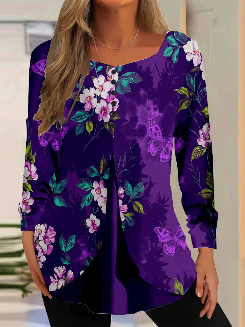Women Floral,Purple DZGG8355 Long Sleeve Scoop Neck Printed Graphic Button Fake 2in1 Tops