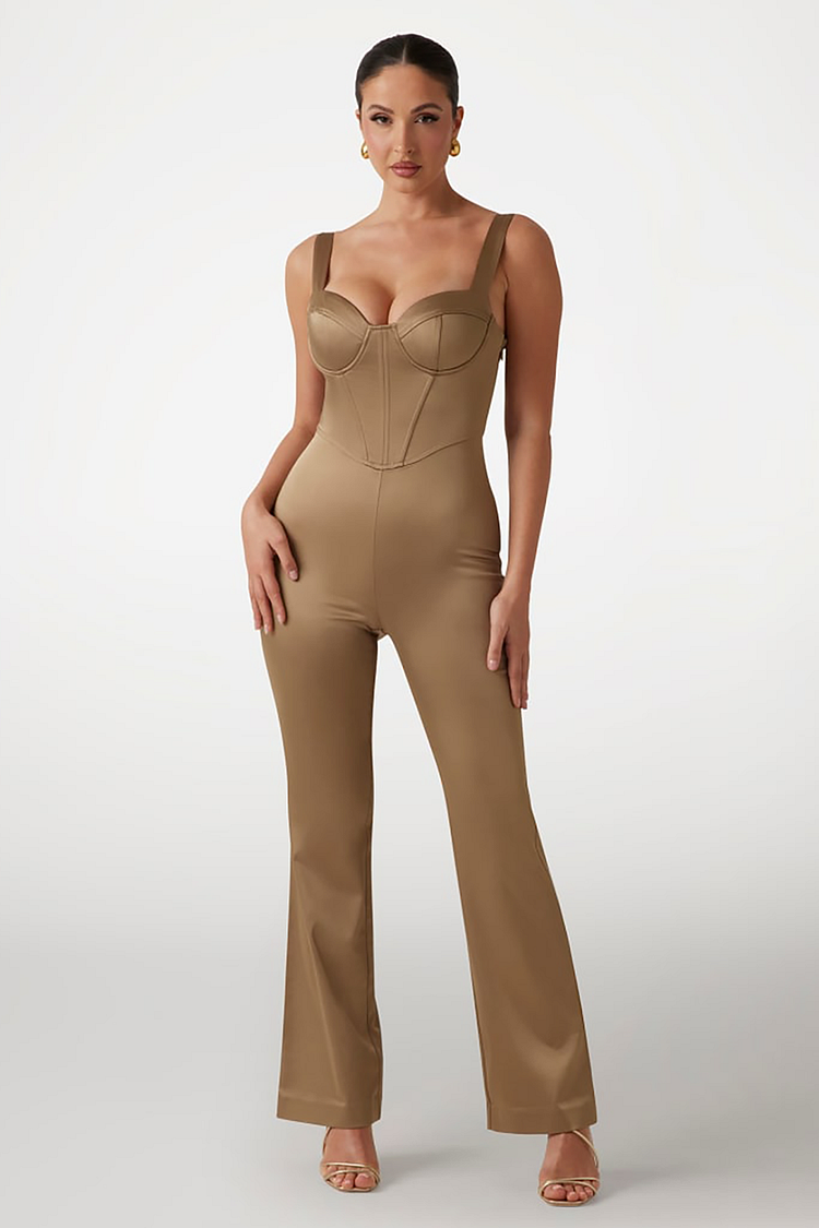 Sweetheart Neckline Corset Micro-Flared Leg Cami Jumpsuit-Khaki [Pre Order]