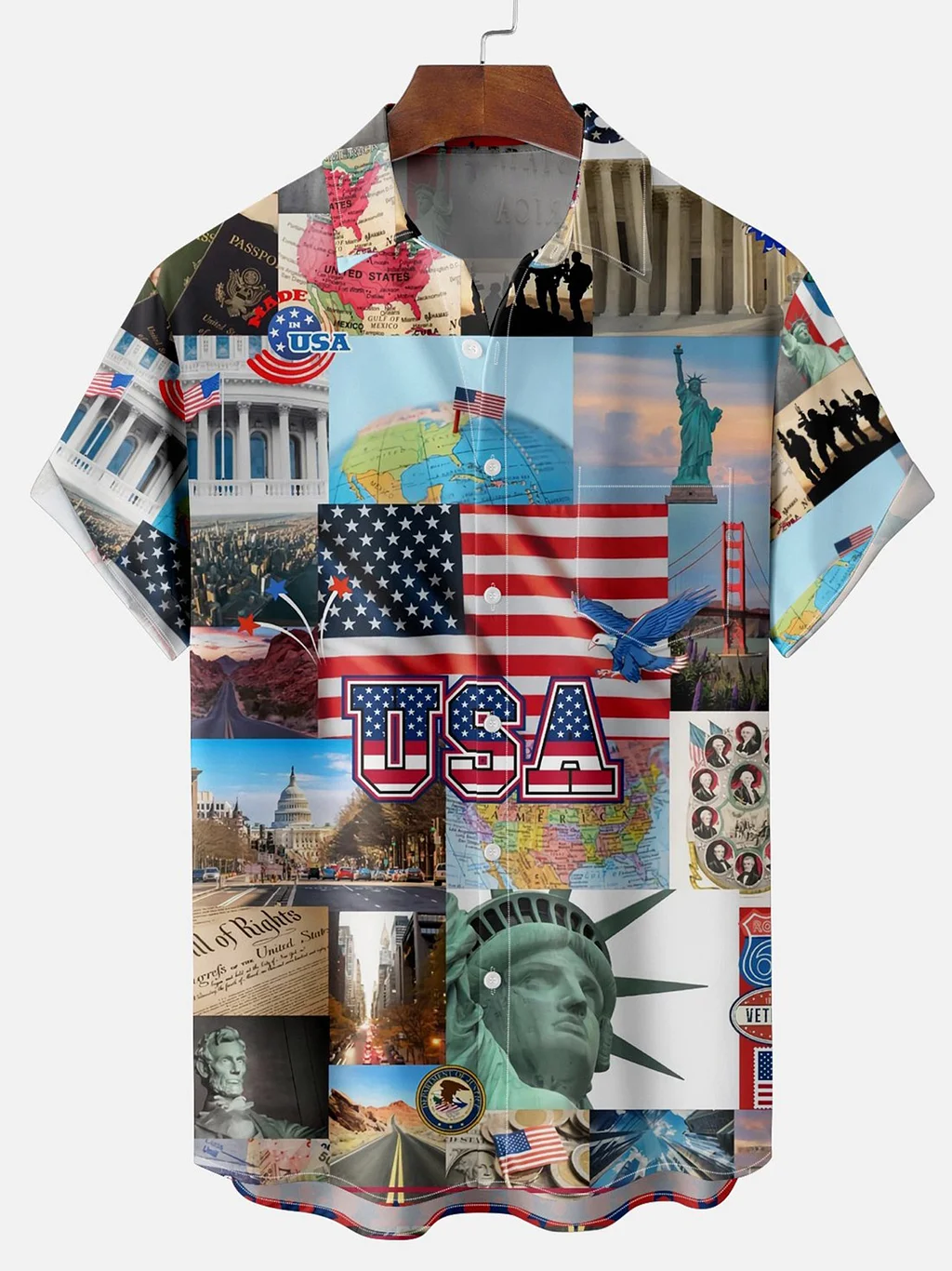 Men's Casual Printed Independence Day Short Sleeve Shirt PLUSCLOTHESMAN