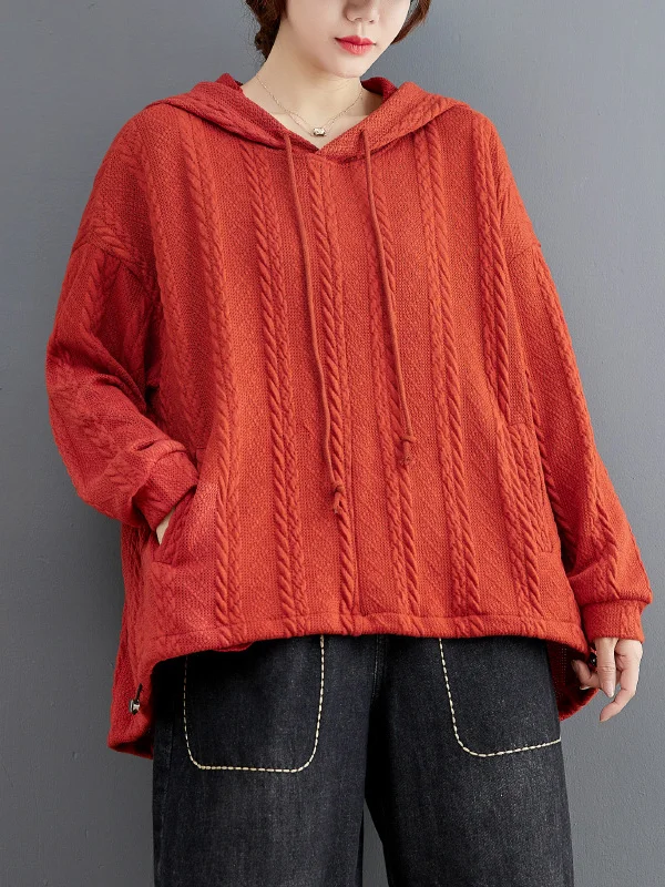 Artistic Retro Long Sleeves Loose Drawstring Solid Color Hoodies&Sweatshirt Tops