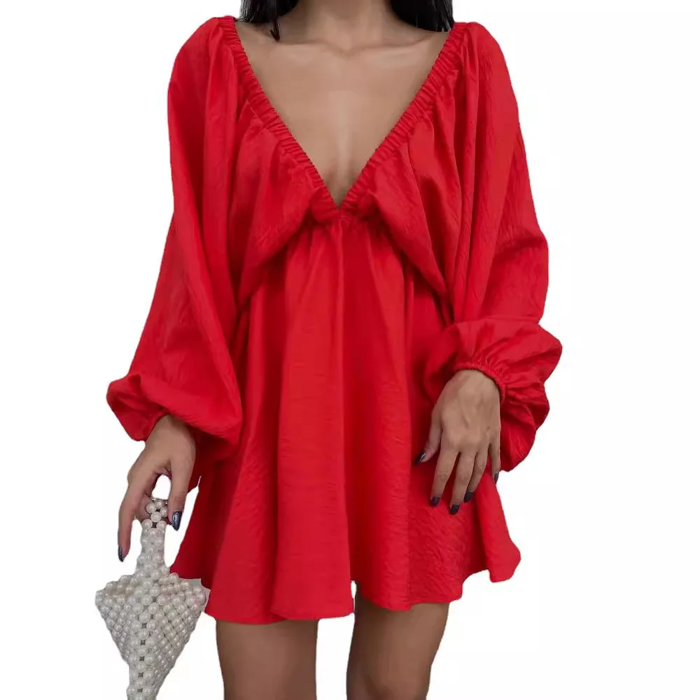 Nigikala Nigikala Autumn Women's Skirt Lantern Sleeve V Collar Sexy Temperament High-End French Retro Dress