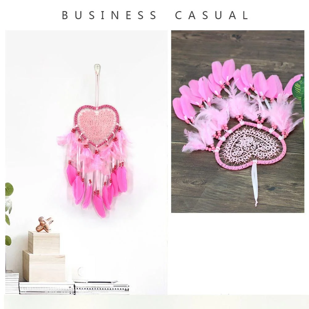 Heart Dream Catcher LED Light Feathers Wall Hanging Dreamcatcher (Pink)